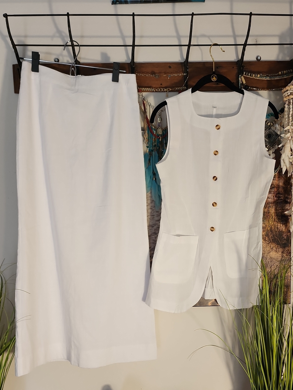 White Women's Two-Piece Cotton Set - Sleeveless Button Vest & Maxi Skirt
